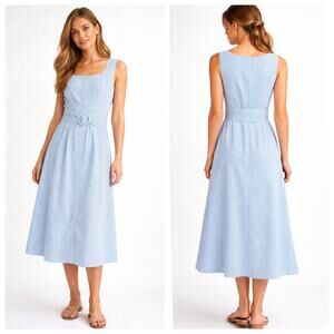 Pomander Place Blue Seersucker Belted Midi Dress Tuckernuck M NWT Coastal
